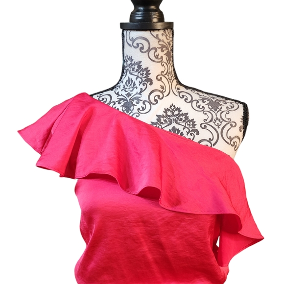 BCBGeneration One Shoulder Lollipop Blouson Ruffle Mini Dress Size L In Hot Pink - Picture 5 of 12